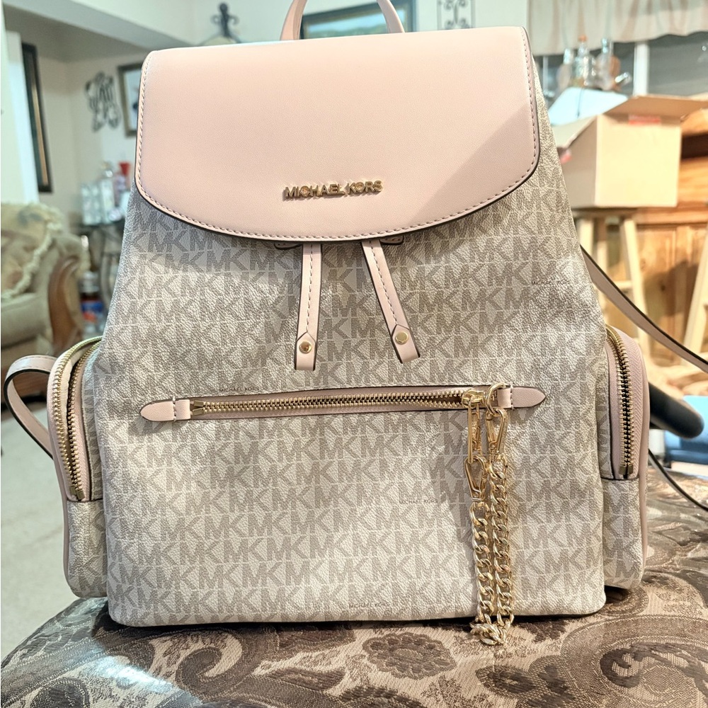 Michael Kors Blush Pink MK Monogram Backpack with Gold Hardware